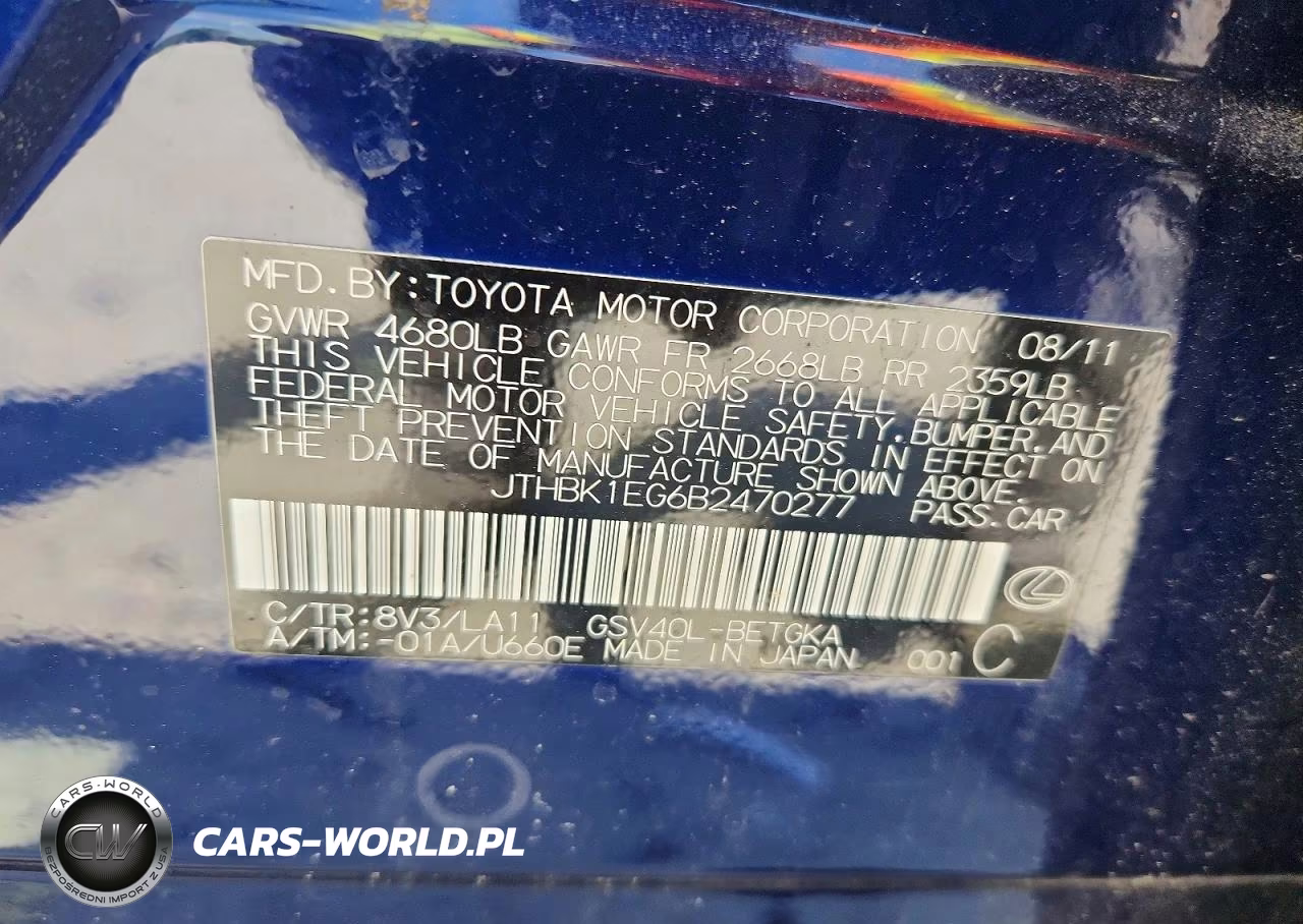 2011 Lexus Es 350 Base VIN:JTHBK1EG6B2470277 - 12