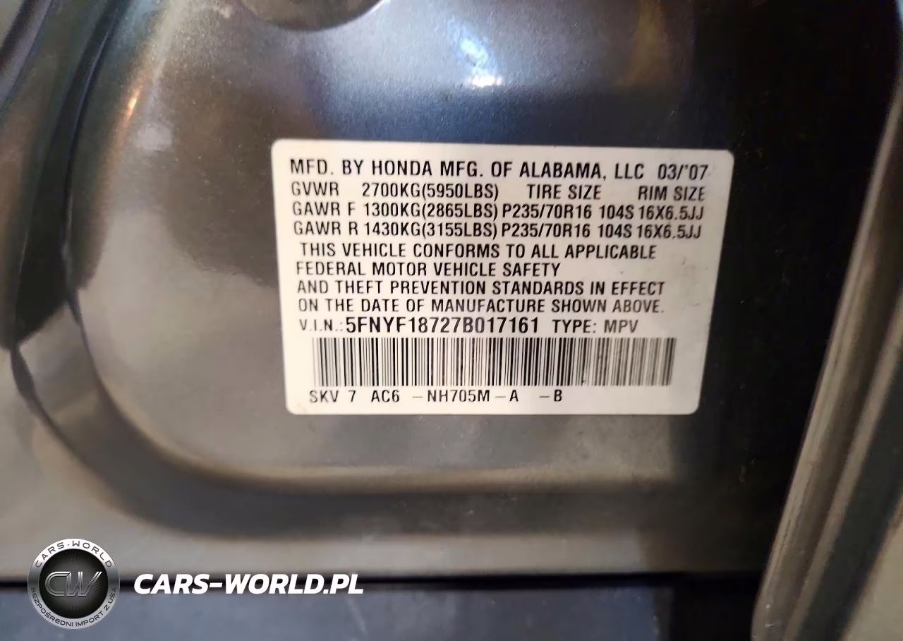 2007 Honda Pilot Exl VIN:5FNYF18727B017161 - 13