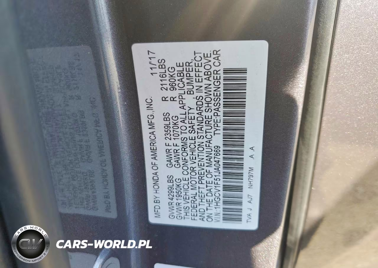 2018 Honda Accord Exl VIN:1HGCV1F51JA047669 - 12