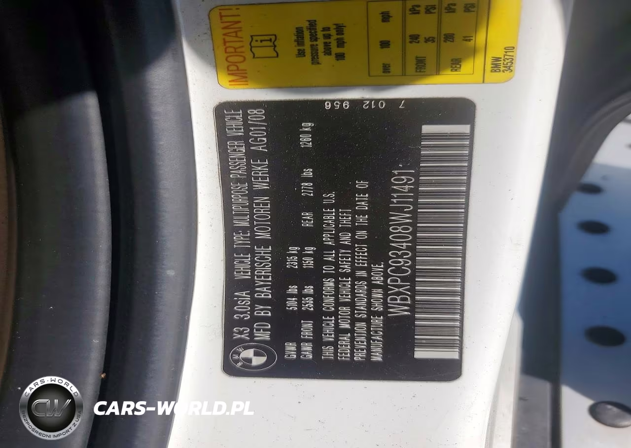 2008 BMW X3 3.0Si VIN:WBXPC93408WJ11491 - 13