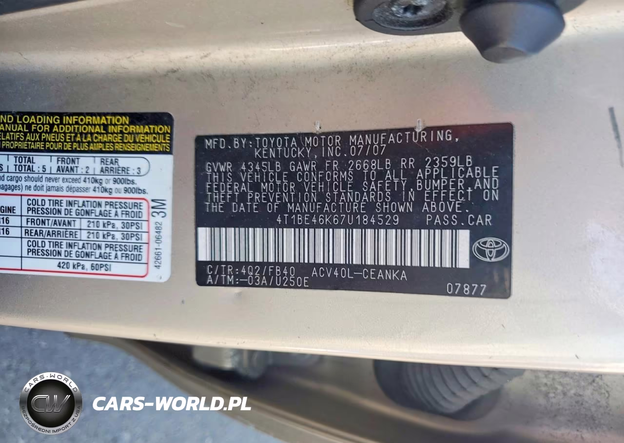 2007 Toyota Camry Le VIN:4T1BE46K67U184529 - 12