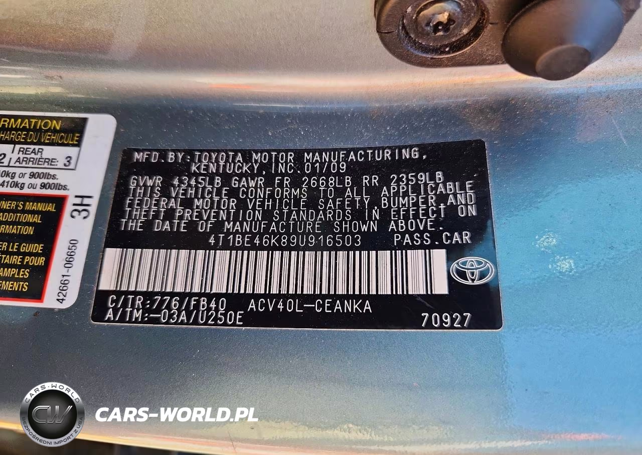2009 Toyota Camry Le VIN:4T1BE46K89U916503 - 12