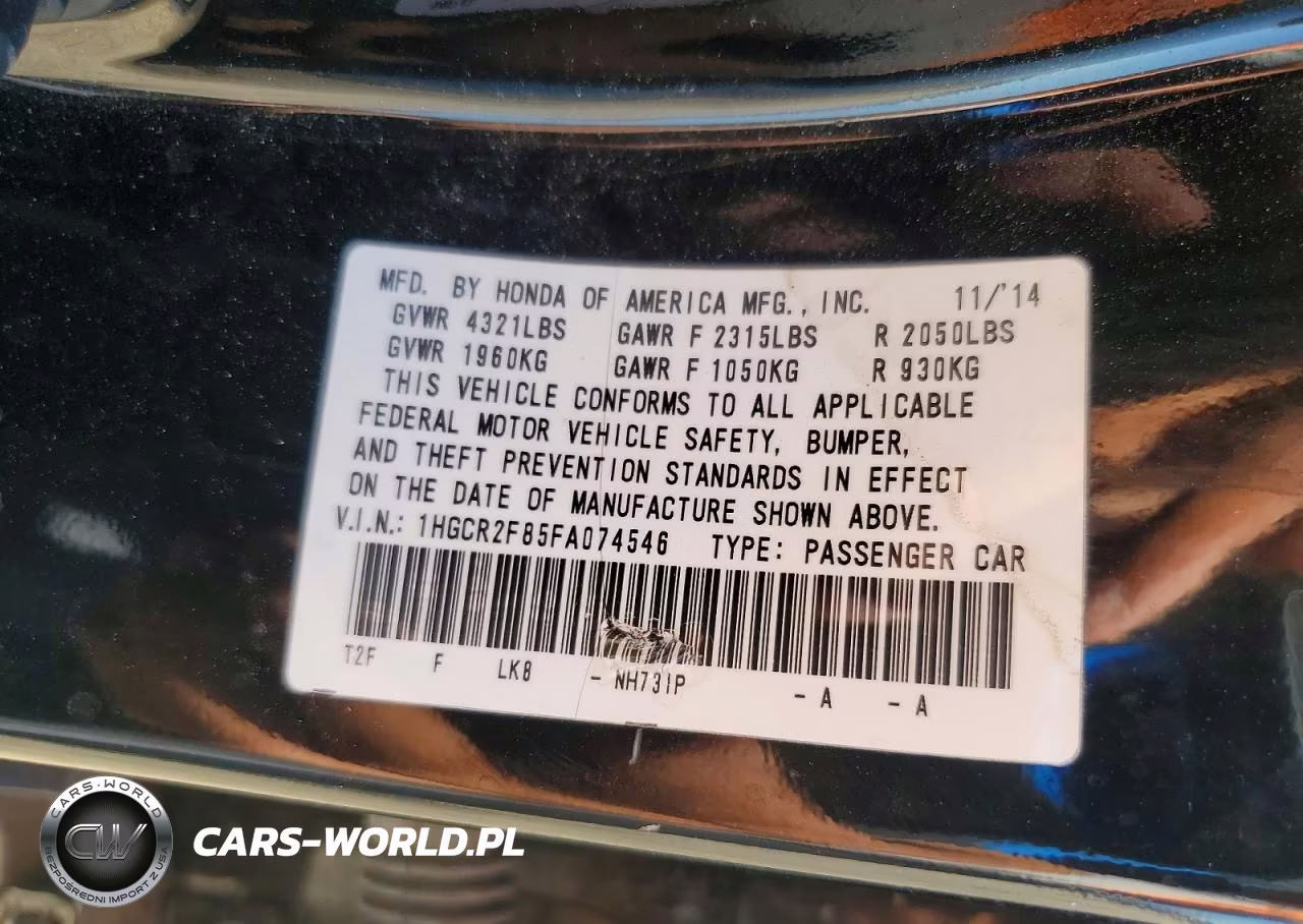 2015 Honda Accord Exl VIN:1HGCR2F85FA074546 - 12