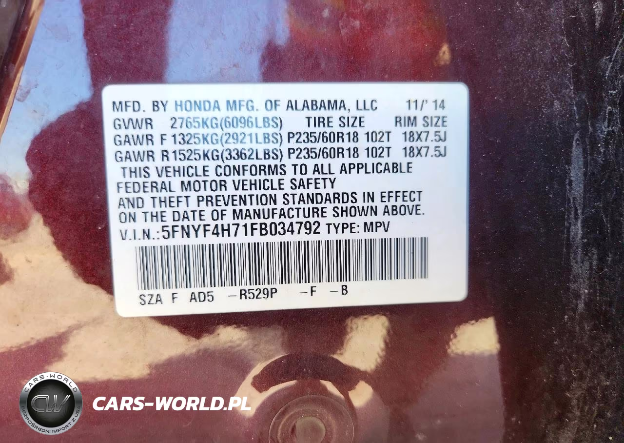2015 Honda Pilot Exln VIN:5FNYF4H71FB034792 - 14