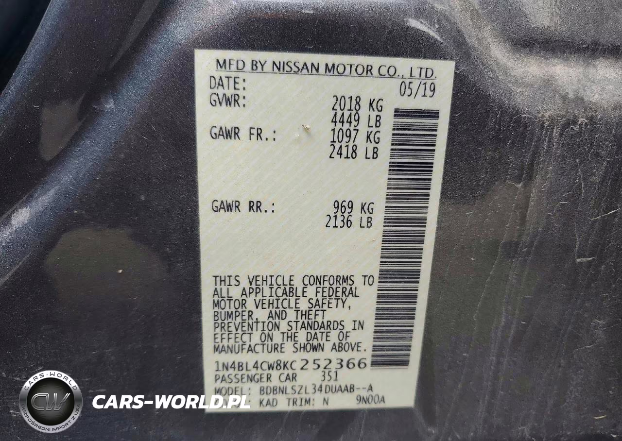 2019 Nissan Altima Sr VIN:1N4BL4CW8KC252366 - 12