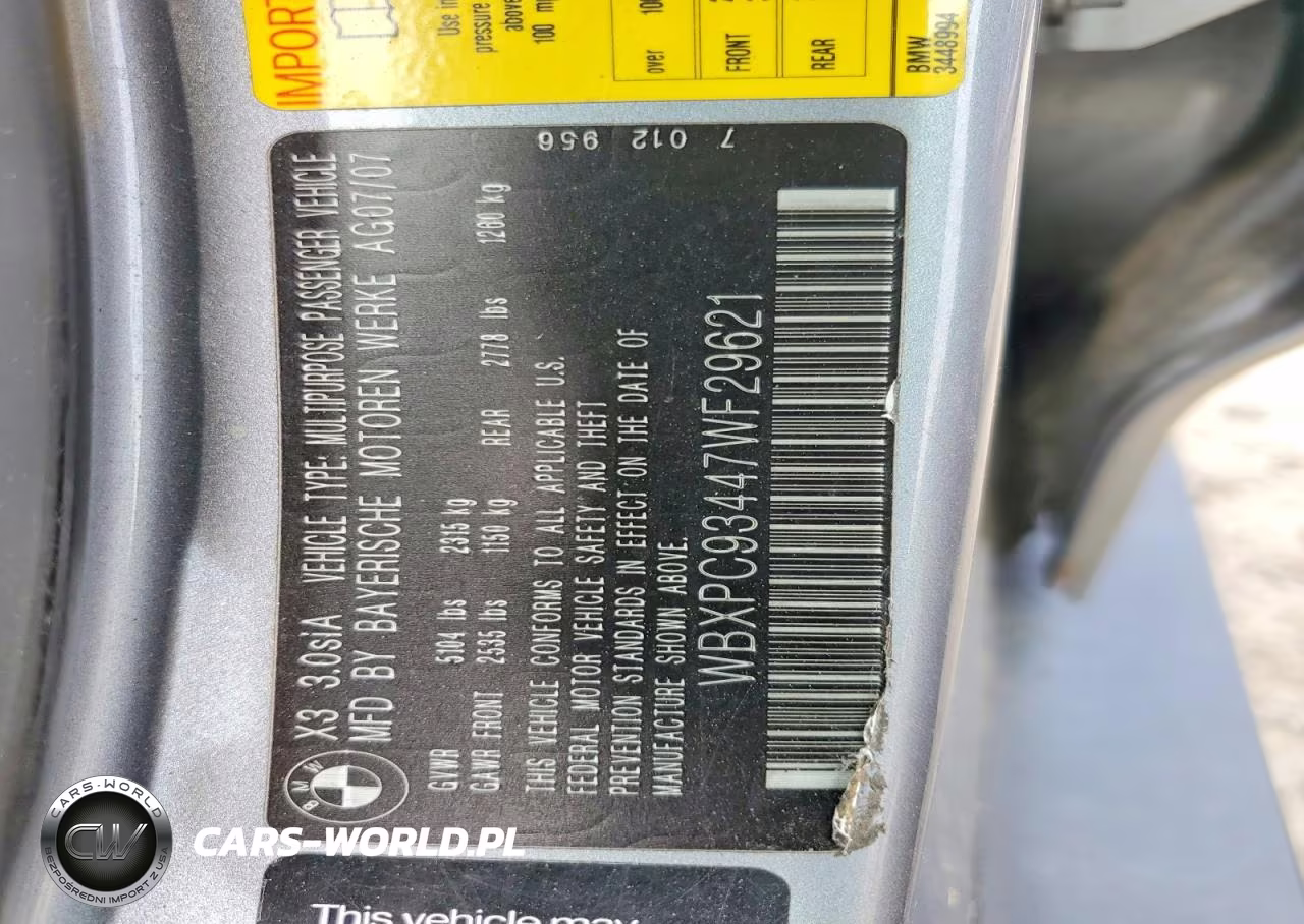 2007 BMW X3 3.0Si VIN:WBXPC93447WF29621 - 14