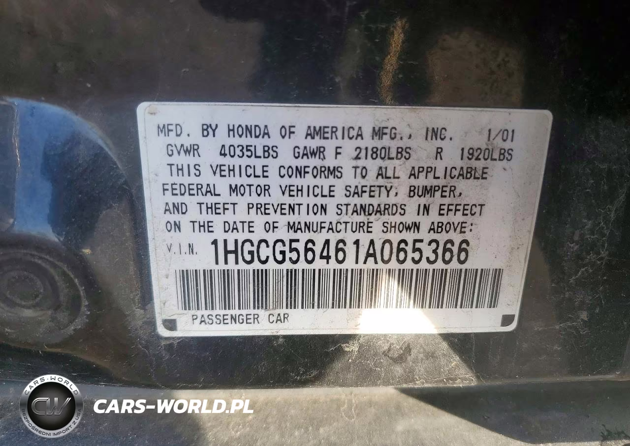 2001 Honda Accord Lx VIN:1HGCG56461A065366 - 12