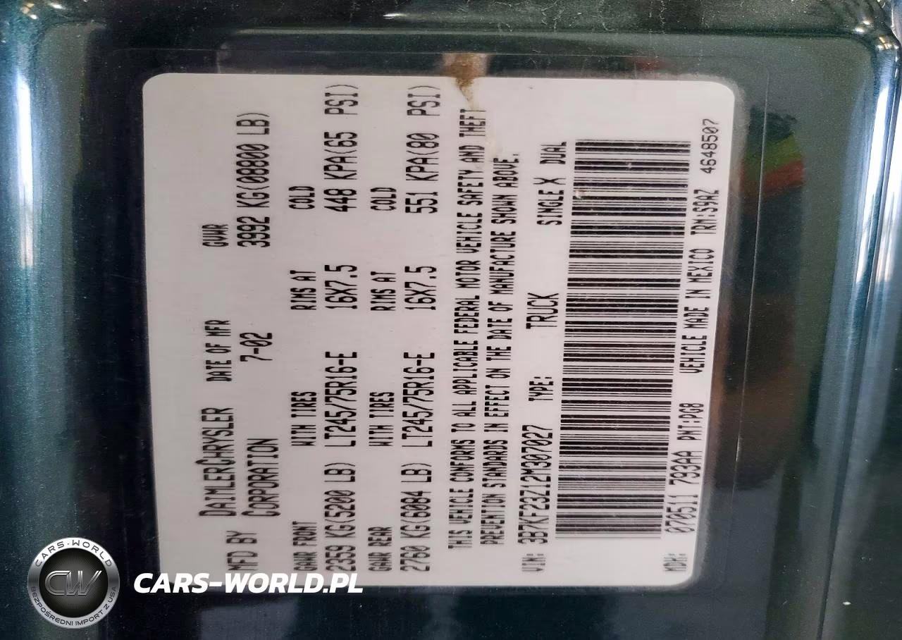 2002 Dodge Ram 2500 VIN:3B7KF23Z12M307027 - 13