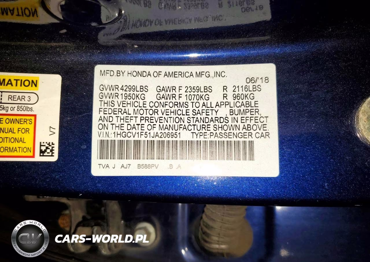 2018 Honda Accord Exl VIN:1HGCV1F51JA206951 - 12