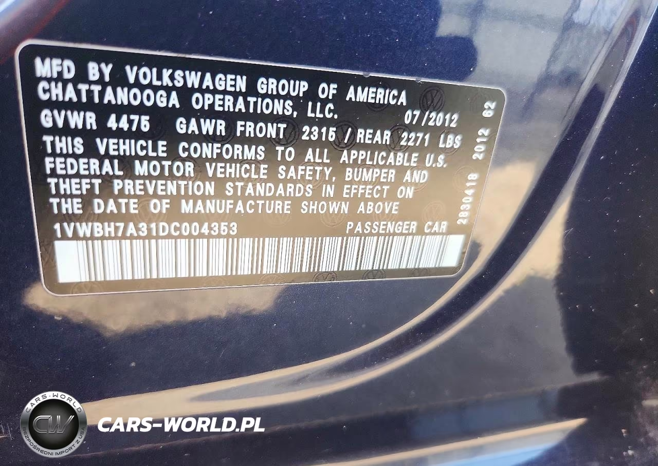 2013 Volkswagen Passat Se VIN:1VWBH7A31DC004353 - 12