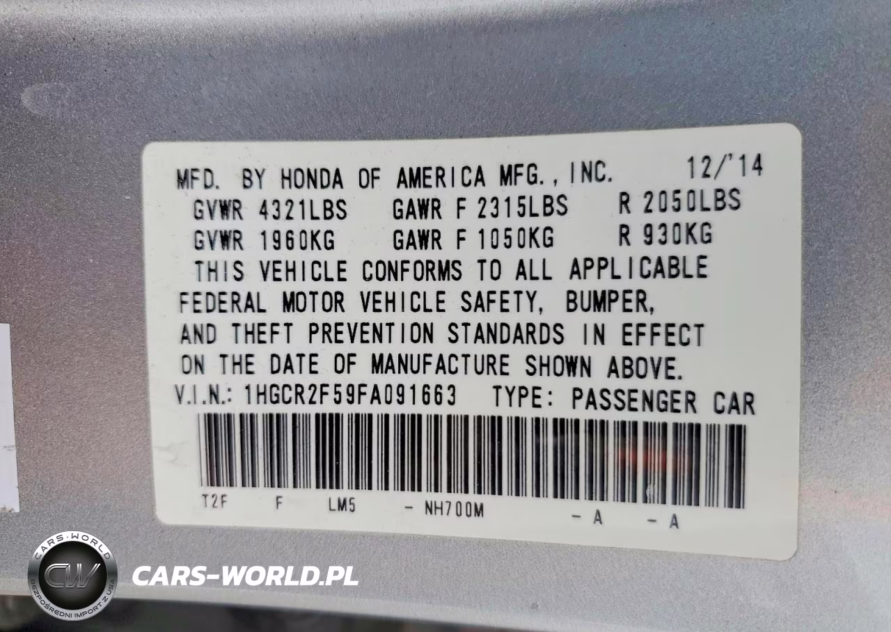 2015 Honda Accord Sport VIN:1HGCR2F59FA091663 - 12