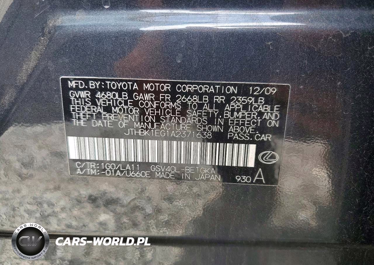 2010 Lexus Es 350 VIN:JTHBK1EG1A2371638 - 12
