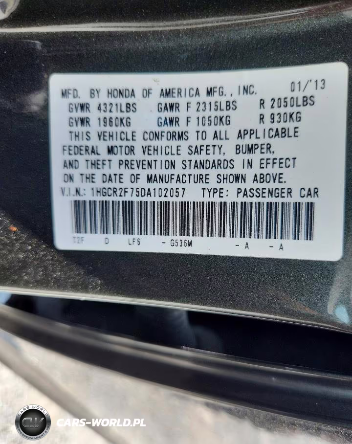 2013 Honda Accord Ex VIN:1HGCR2F75DA102057 - 13