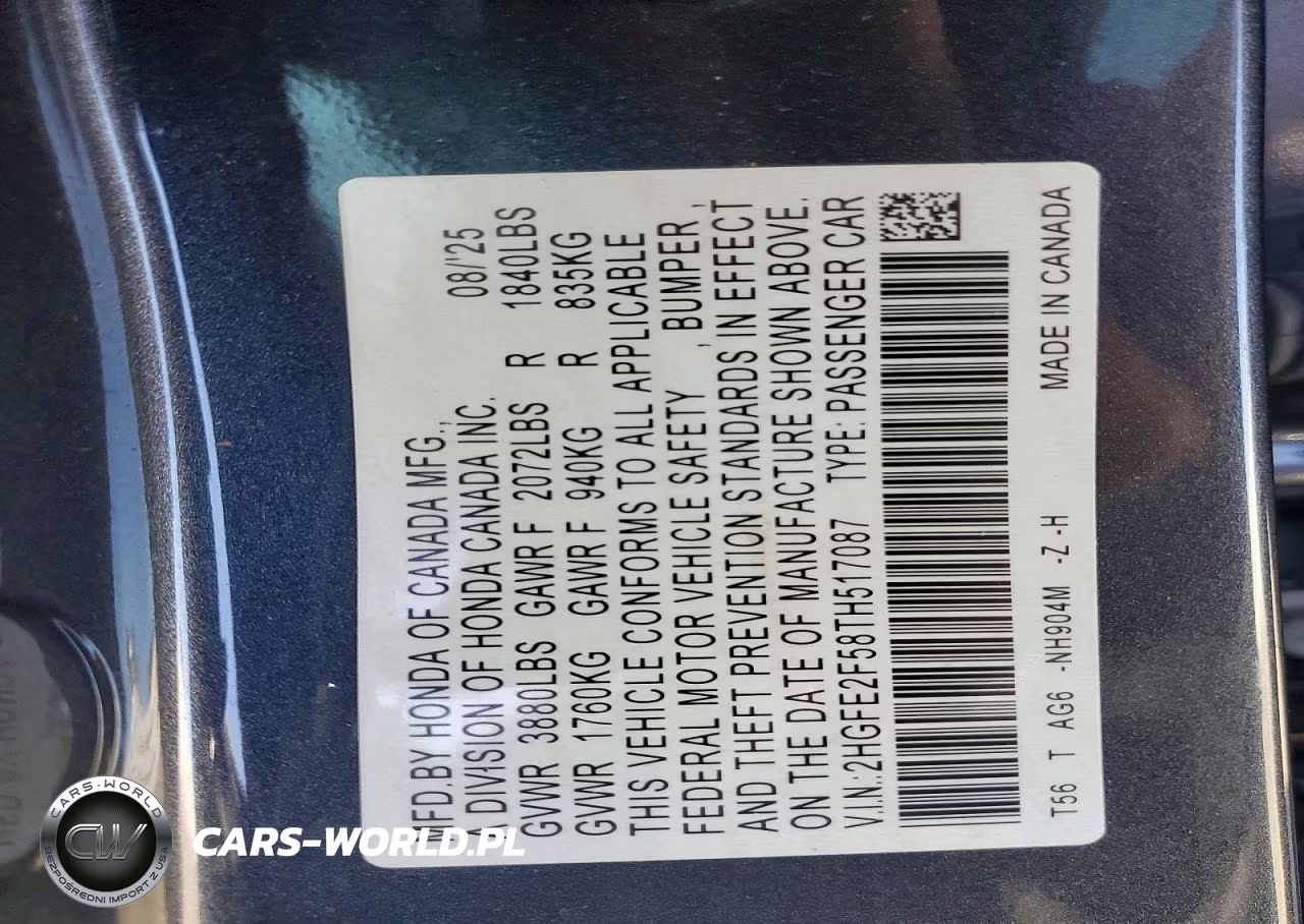 2026 Honda Civic Sport VIN:2HGFE2F58TH517087 - 12