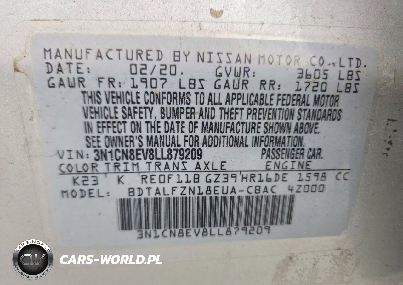 2020 Nissan Versa Sv VIN:3N1CN8EV8LL879209 - 12
