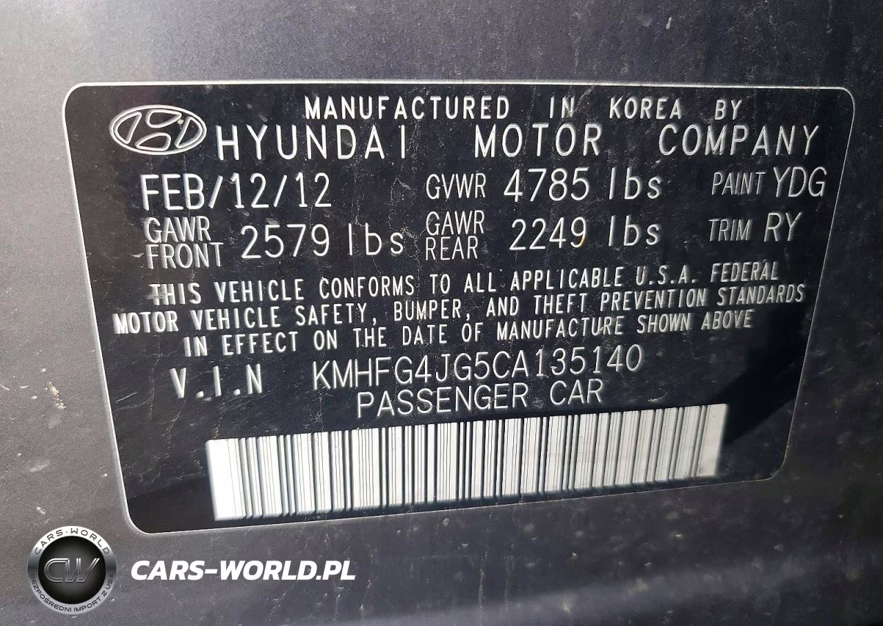 2012 Hyundai Azera Base VIN:KMHFG4JG5CA135140 - 12