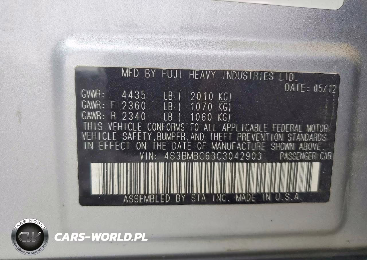 2012 Subaru Legacy 2.5I Premium VIN:4S3BMBC63C3042903 - 12