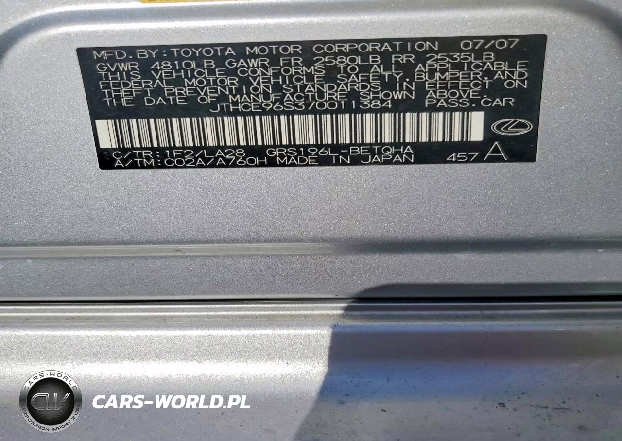 2007 Lexus Gs 350 VIN:JTHCE96S370011384 - 13