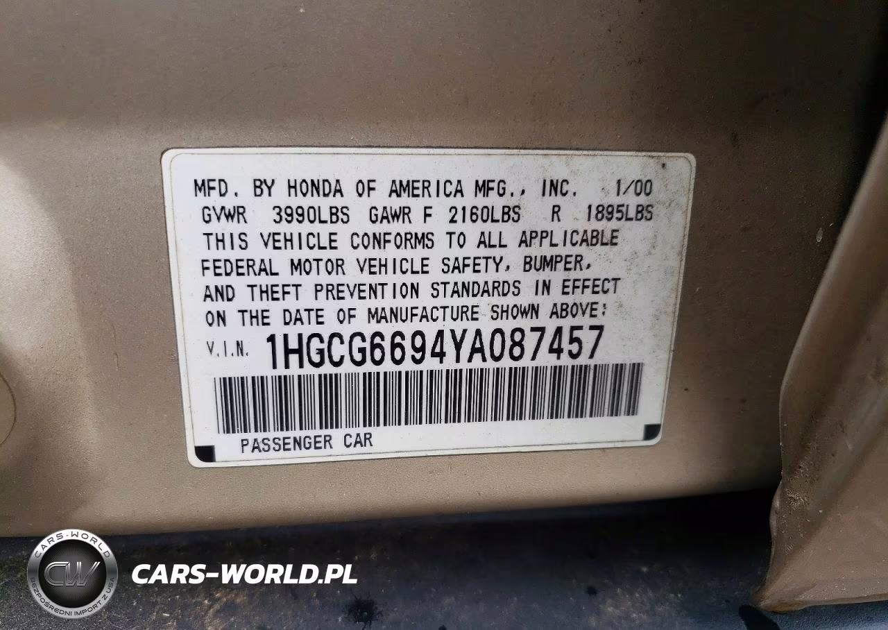 2000 Honda Accord Se VIN:1HGCG6694YA087457 - 12