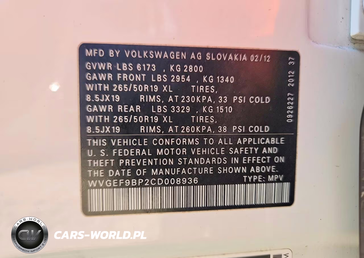 2012 Volkswagen Touareg V6 VIN:WVGEF9BP2CD008936 - 13