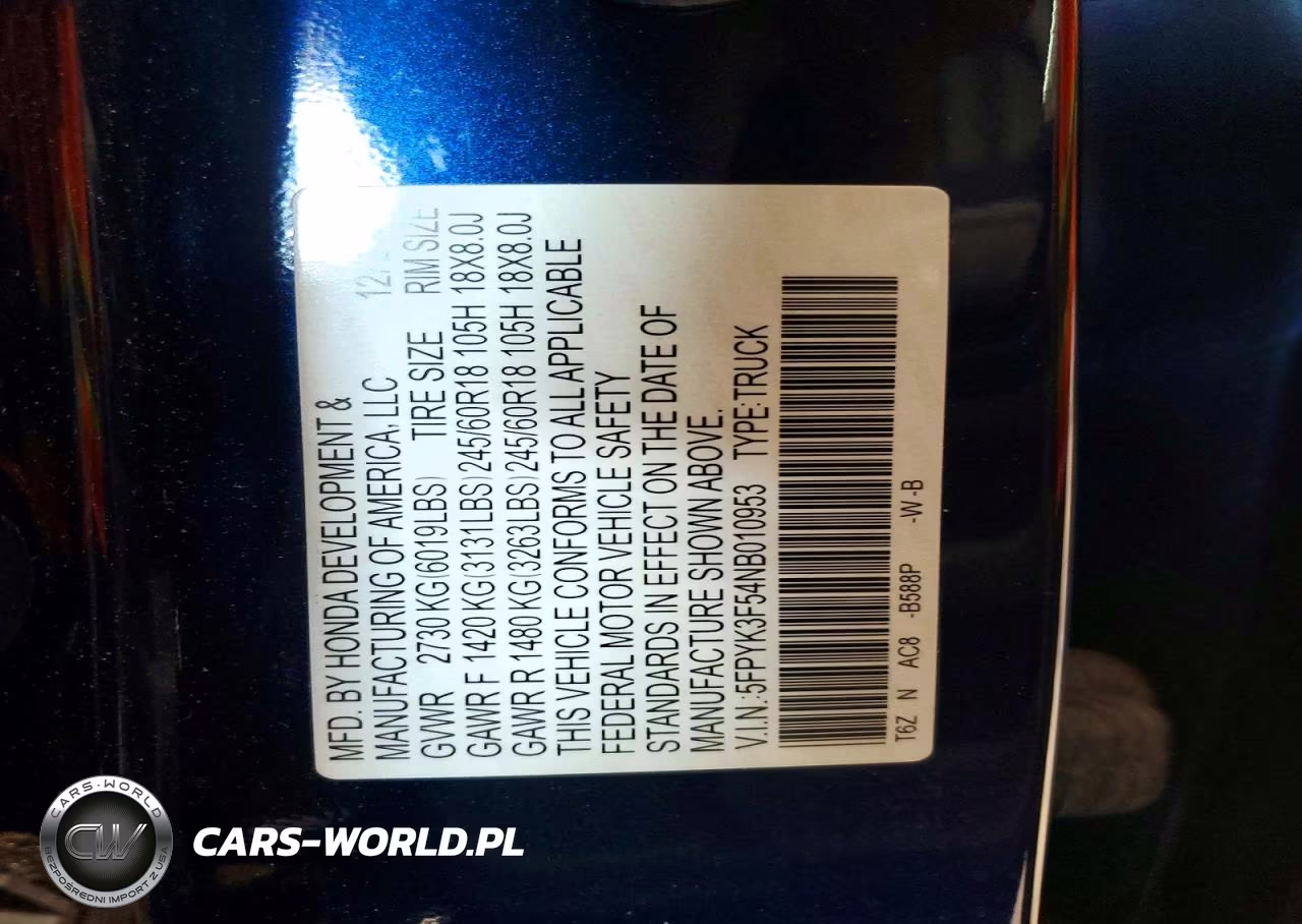 2022 Honda Ridgeline Rtl VIN:5FPYK3F54NB010953 - 12