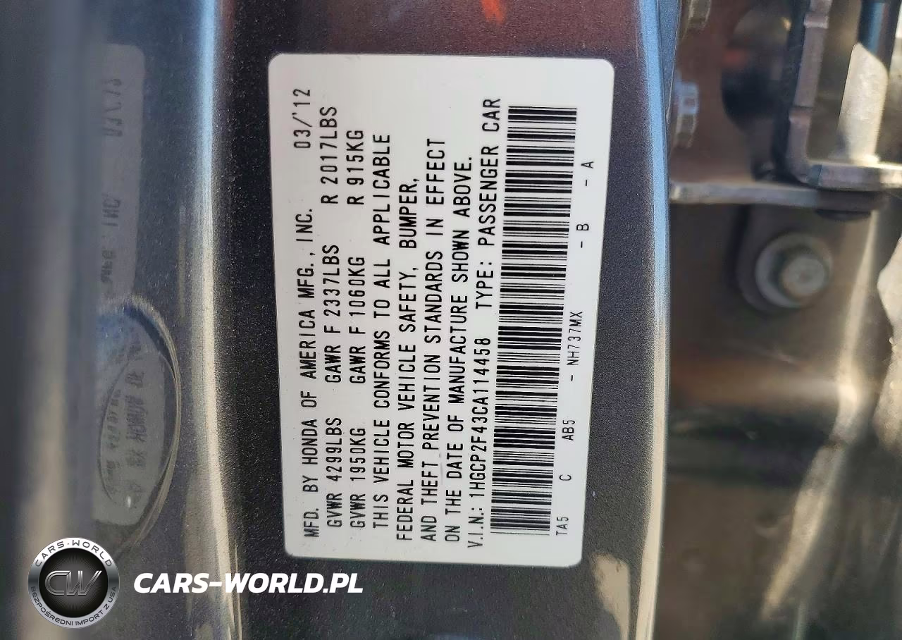 2012 Honda Accord Lxp VIN:1HGCP2F43CA114458 - 13