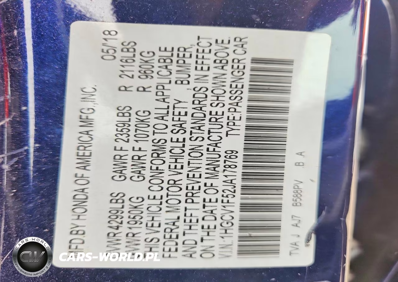 2018 Honda Accord Exl VIN:1HGCV1F52JA178769 - 12