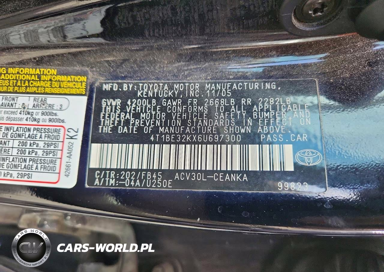 2006 Toyota Camry Le VIN:4T1BE32KX6U697300 - 12