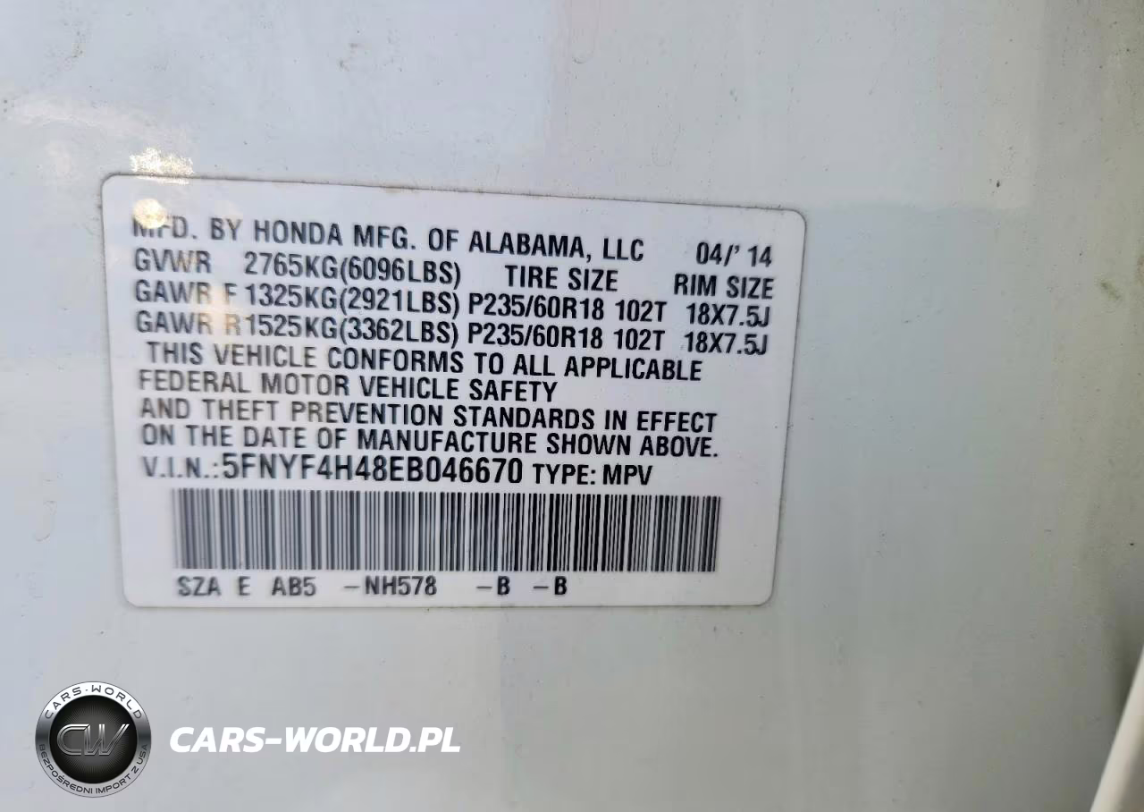 2014 Honda Pilot Ex VIN:5FNYF4H48EB046670 - 13