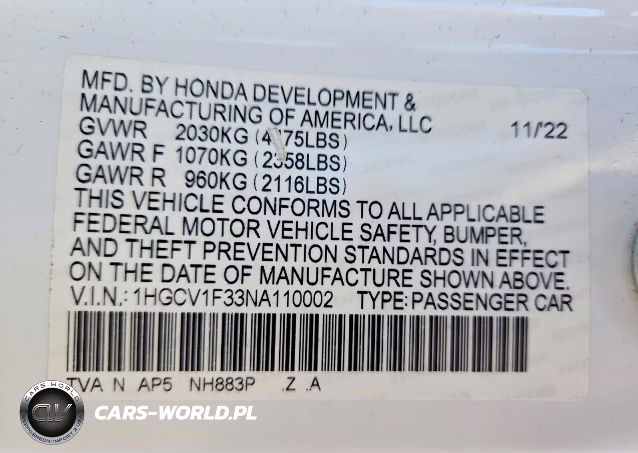 2022 Honda Accord Sport VIN:1HGCV1F33NA110002 - 12