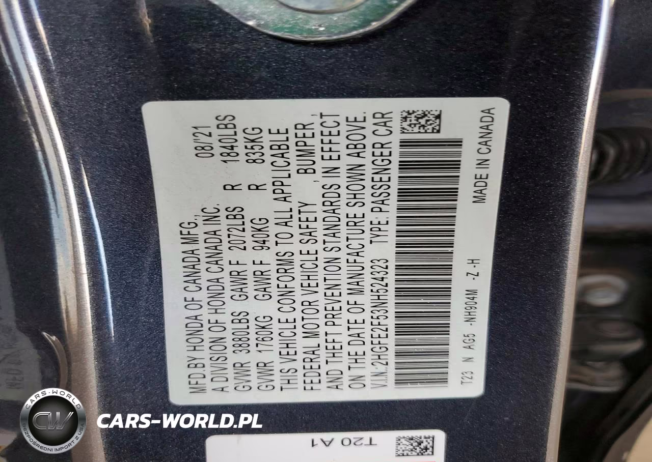 2022 Honda Civic Sport VIN:2HGFE2F53NH524323 - 12