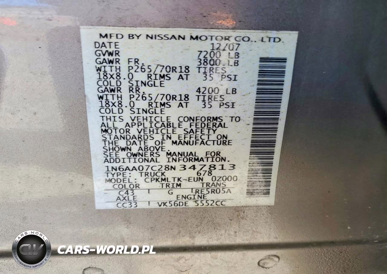 2008 Nissan Titan Xe VIN:1N6AA07C28N347813 - 13