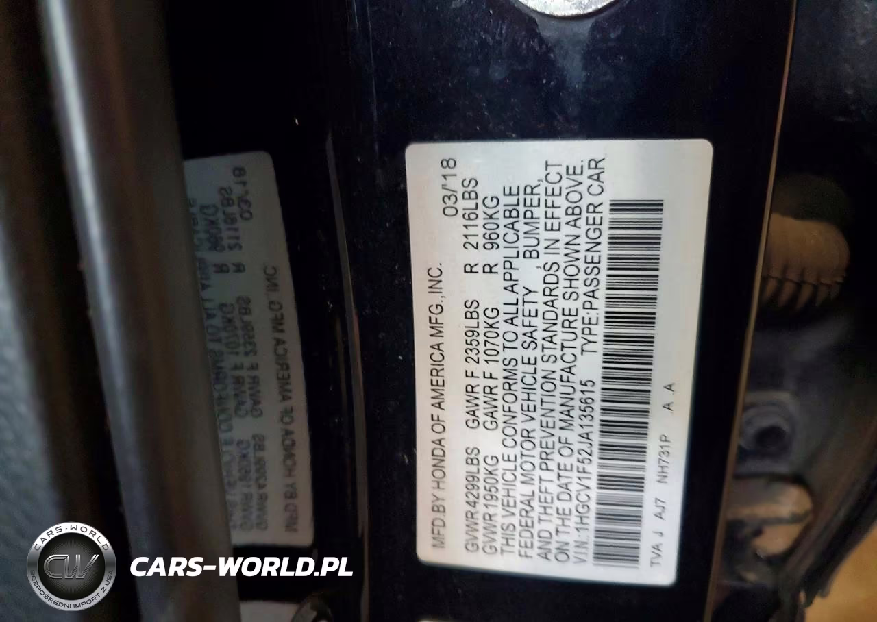 2018 Honda Accord Exl VIN:1HGCV1F52JA135615 - 12
