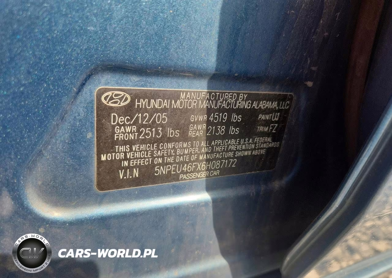 2006 Hyundai Sonata Lx VIN:5NPEU46FX6H087172 - 13