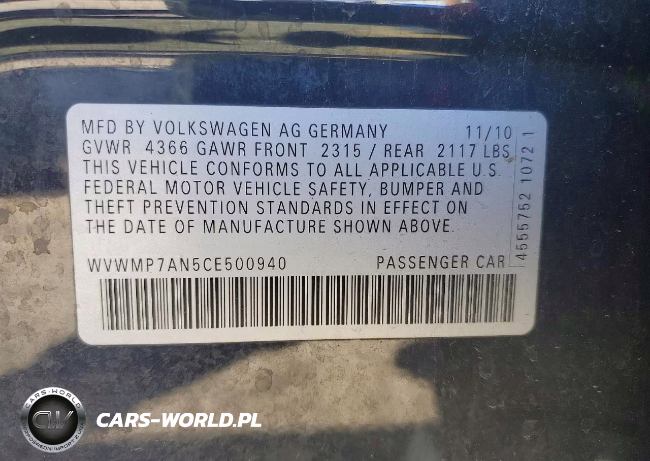 2012 Volkswagen Cc Sport VIN:WVWMP7AN5CE500940 - 12
