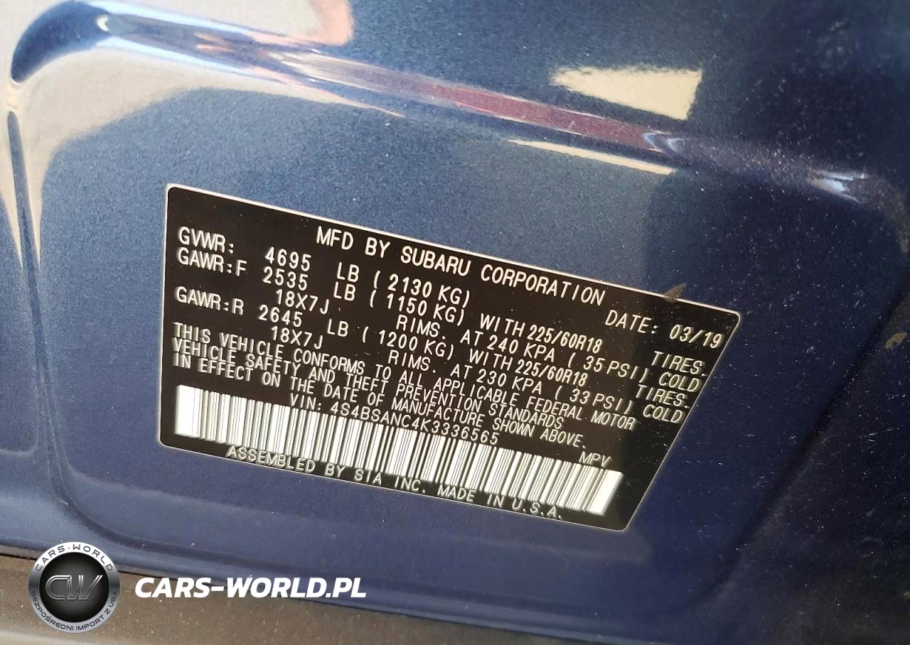 2019 Subaru Outback 2.5I Limited VIN:4S4BSANC4K3336565 - 13