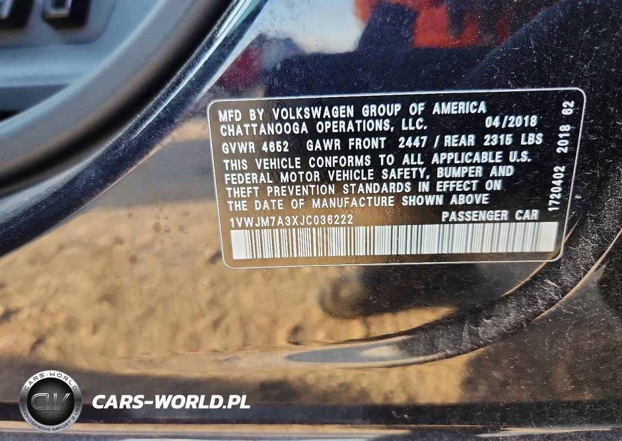2018 Volkswagen Passat Gt VIN:1VWJM7A3XJC036222 - 12