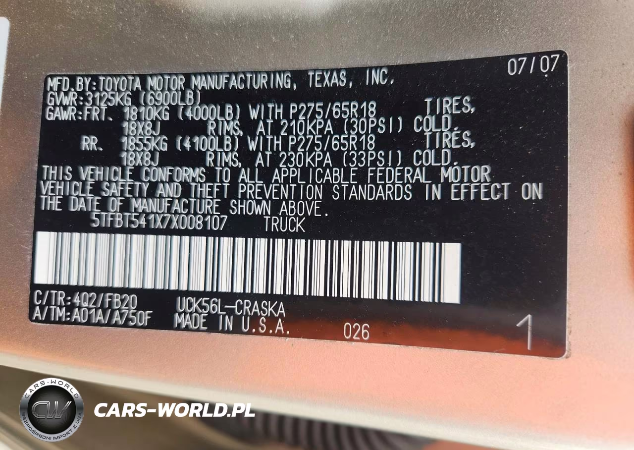 2007 Toyota Tundra Sr5 VIN:5TFBT541X7X008107 - 12