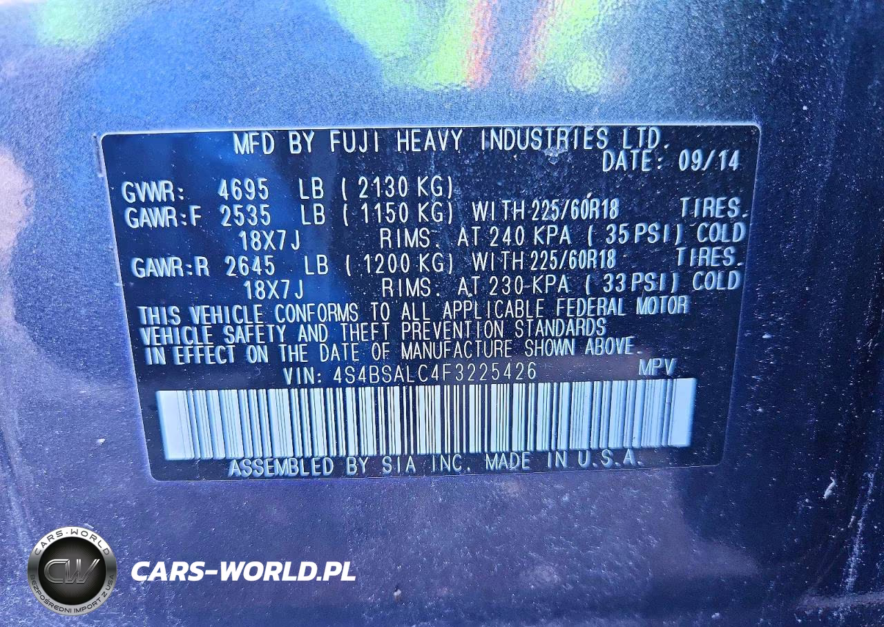2015 Subaru Outback 2.5I Limited VIN:4S4BSALC4F3225426 - 13