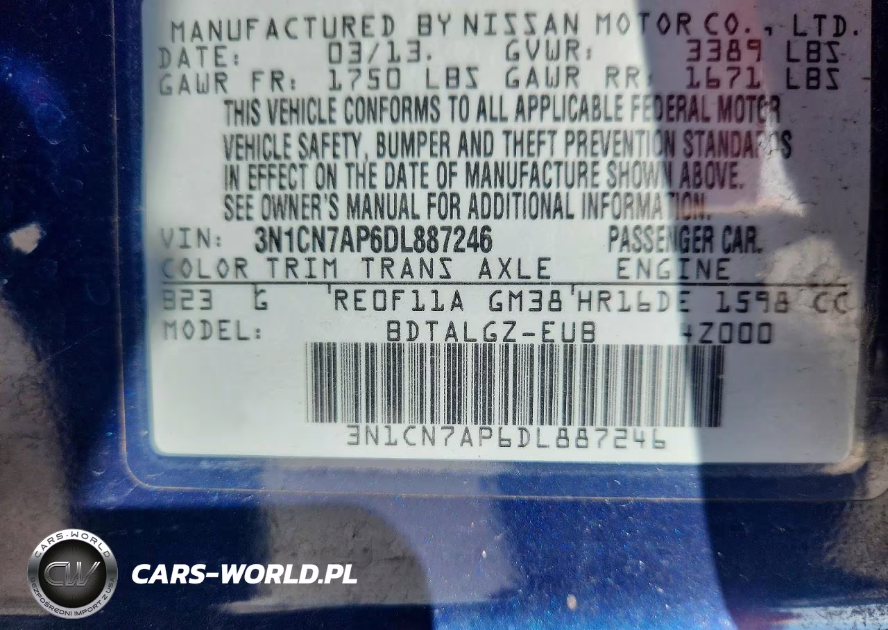 2013 Nissan Versa 1.6 S VIN:3N1CN7AP6DL887246 - 12