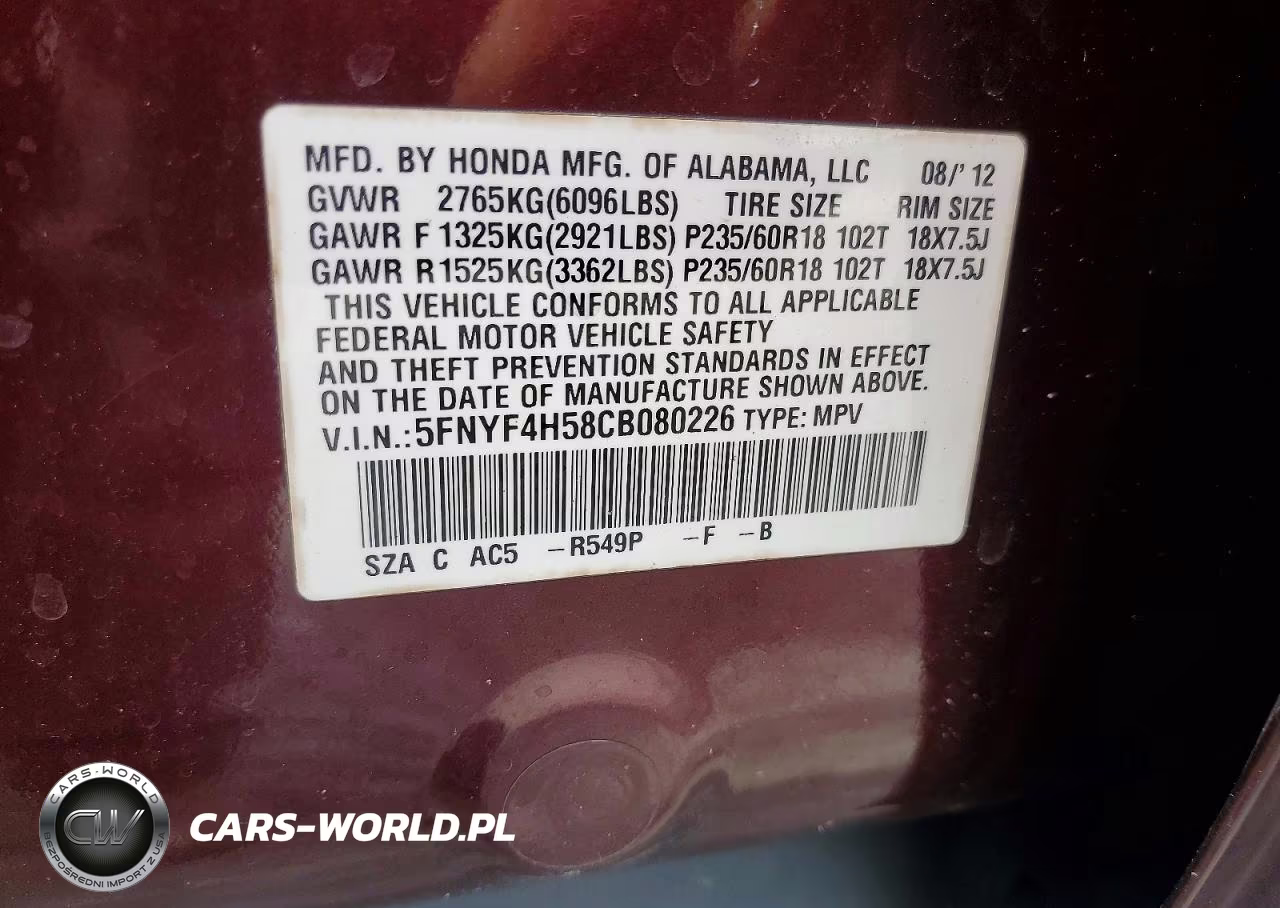 2012 Honda Pilot Ex-L VIN:5FNYF4H58CB080226 - 13