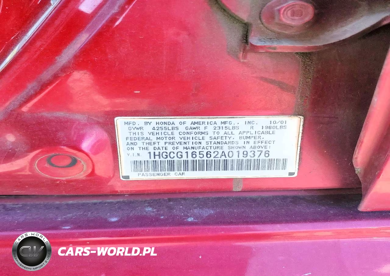 2002 Honda Accord Ex VIN:1HGCG16562A019376 - 13