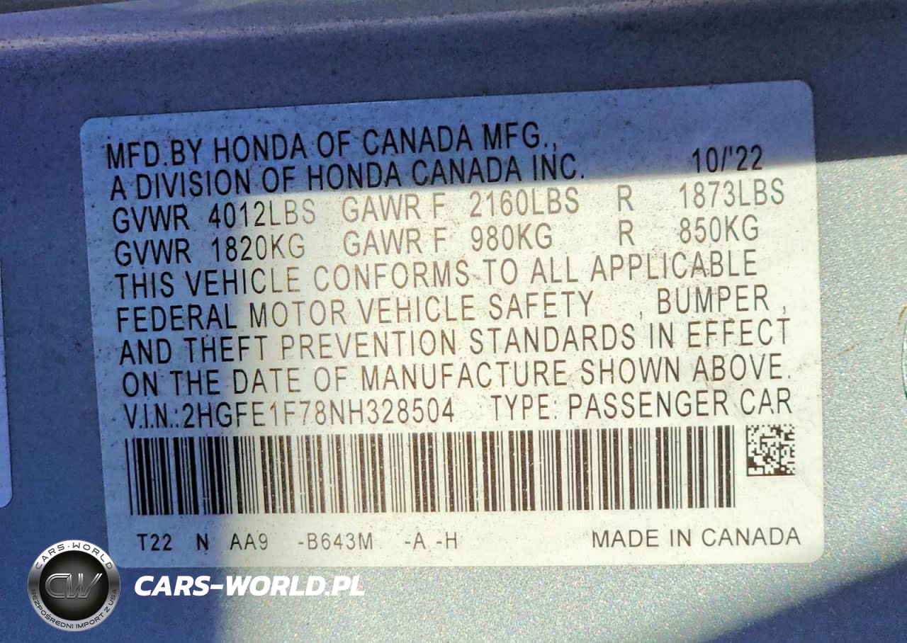 2022 Honda Civic Ex VIN:2HGFE1F78NH328504 - 12