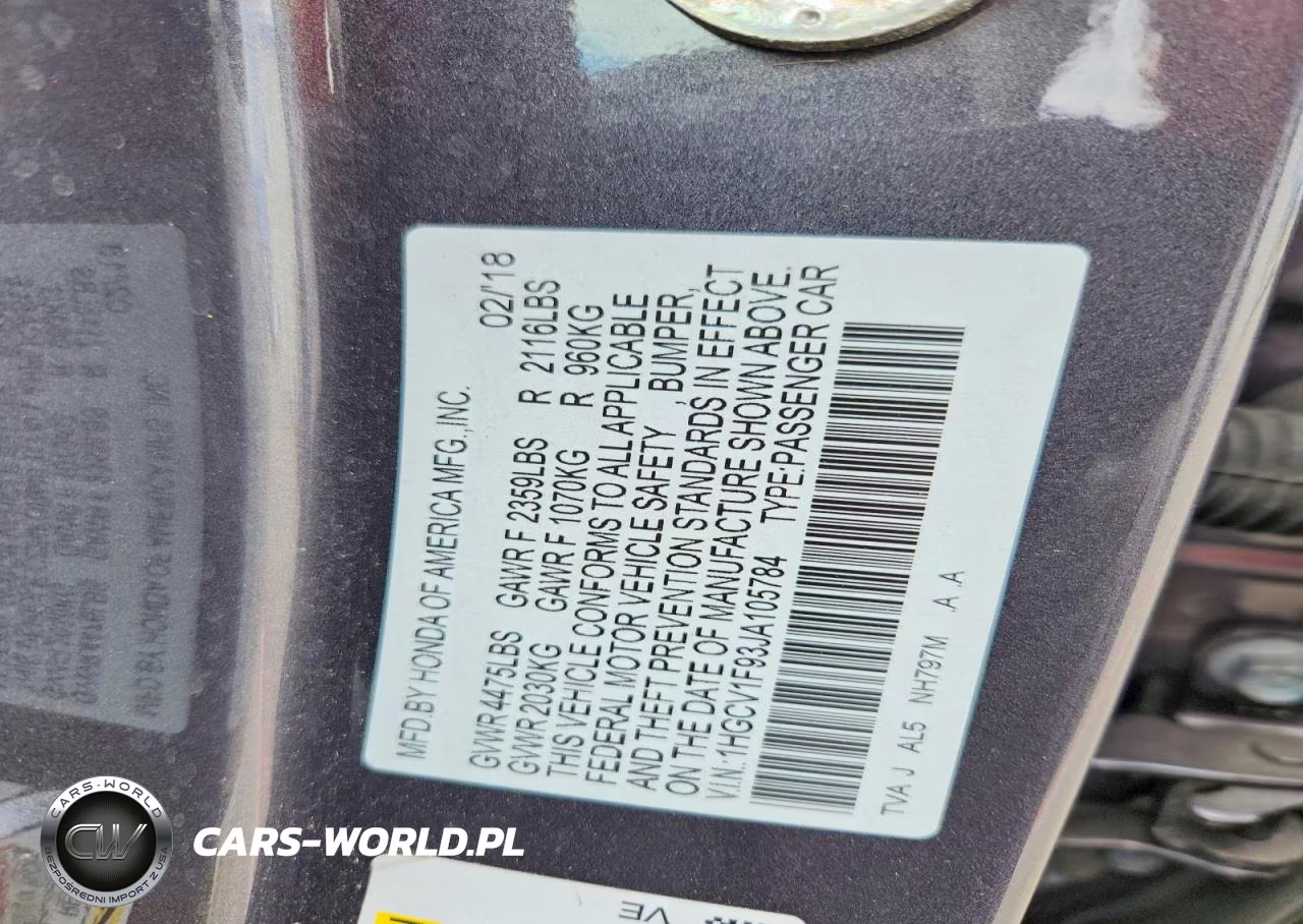 2018 Honda Accord Touring VIN:1HGCV1F93JA105784 - 12