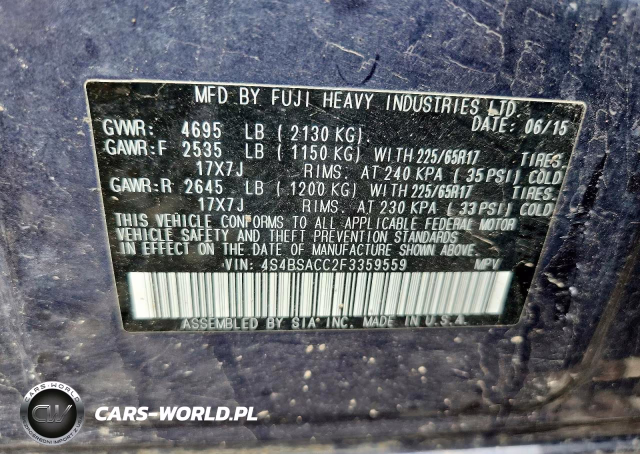 2015 Subaru Outback 2.5I Premium VIN:4S4BSACC2F3359559 - 14