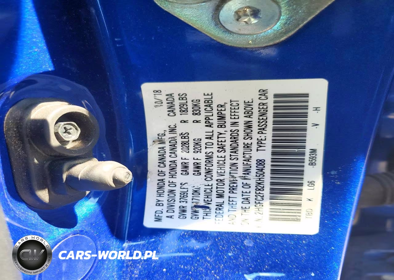 2019 Honda Civic Sport VIN:2HGFC2F82KH504088 - 12