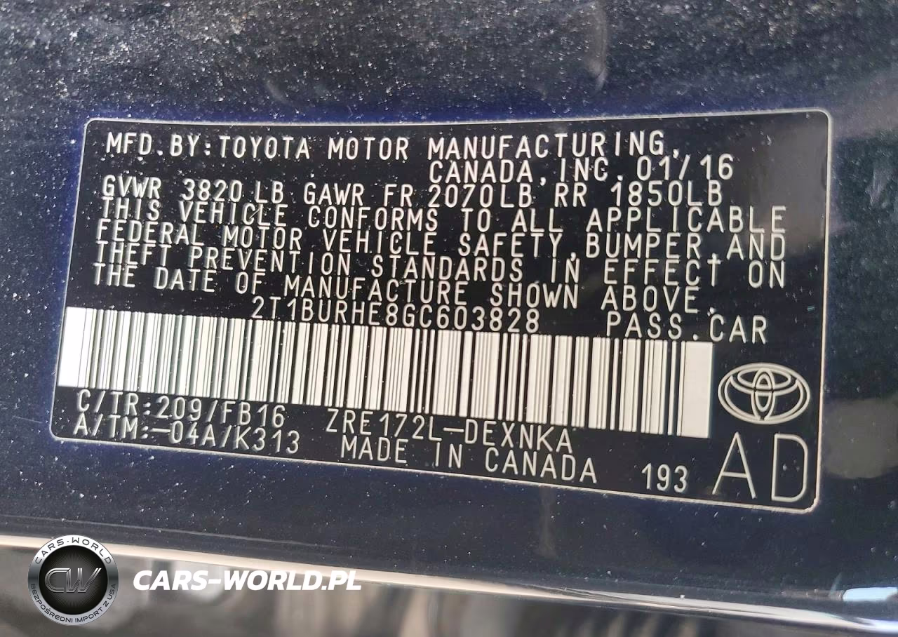 2016 Toyota Corolla Le VIN:2T1BURHE8GC603828 - 12