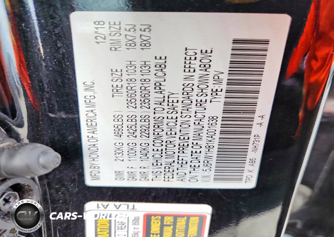 2019 Honda Cr-V Exl VIN:5J6RW1H81KA001638 - 12