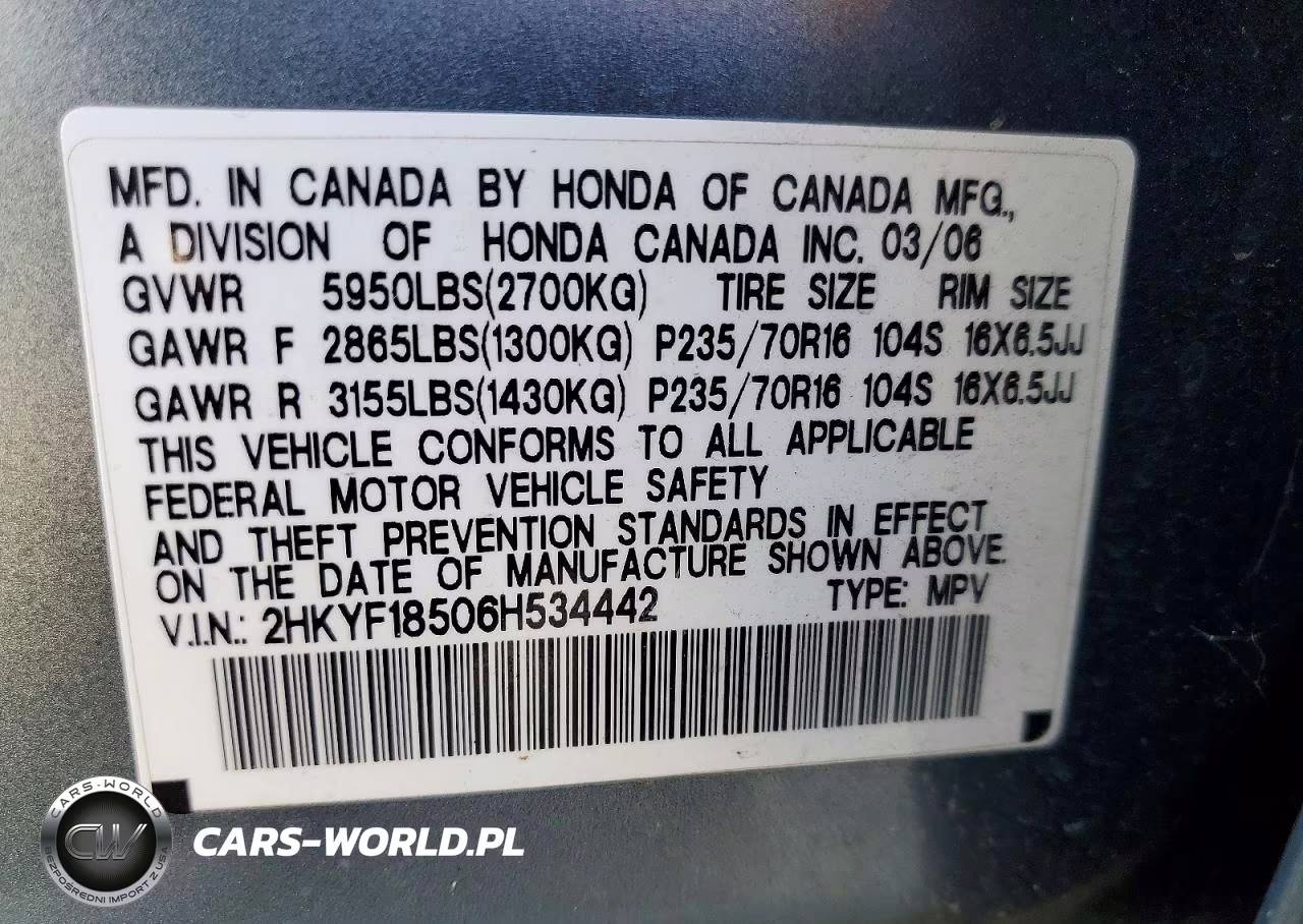 2006 Honda Pilot Ex VIN:2HKYF18506H534442 - 13