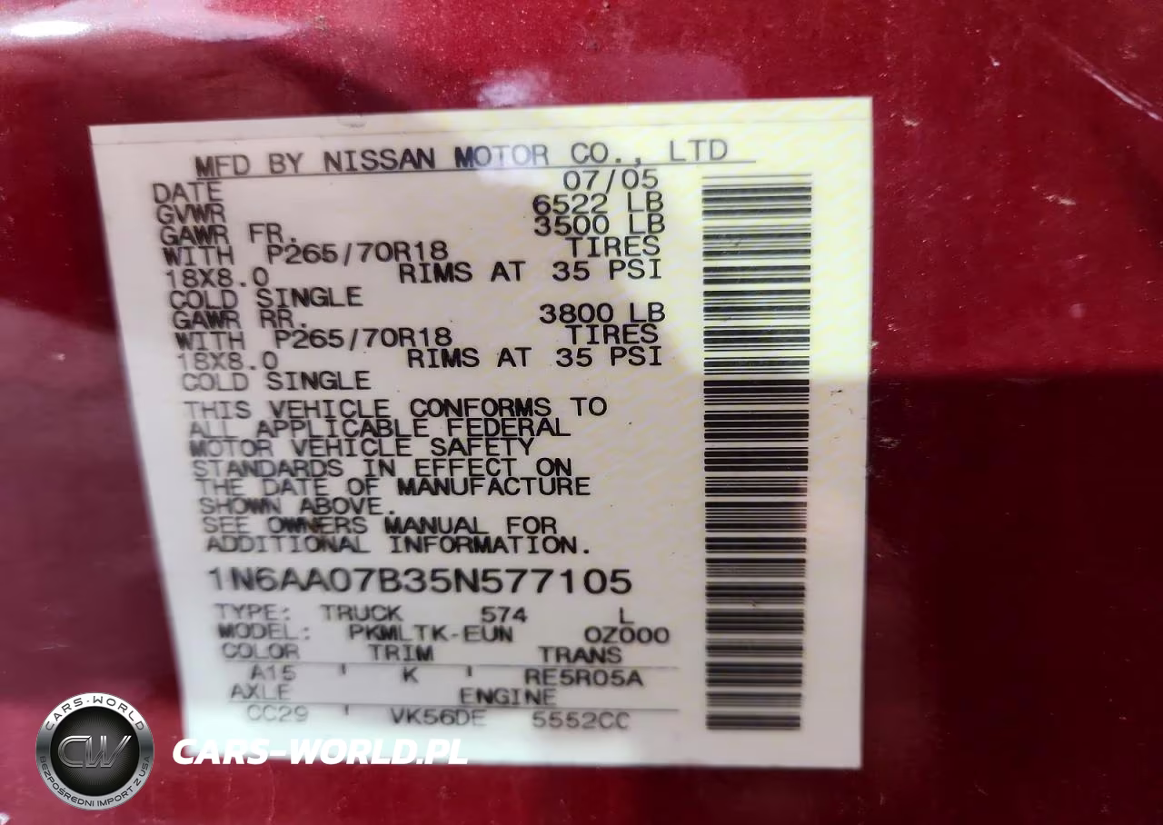 2005 Nissan Titan Xe VIN:1N6AA07B35N577105 - 12
